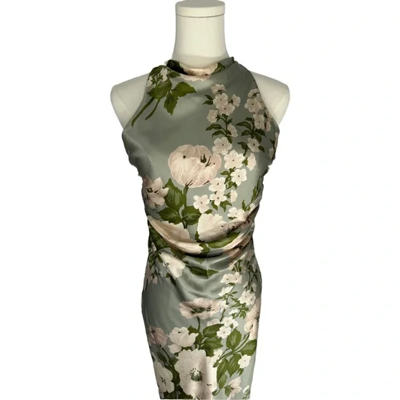 Reformation Green Floral Silk Halter Maxi Dress | Size 0 - Picture 3 of 9